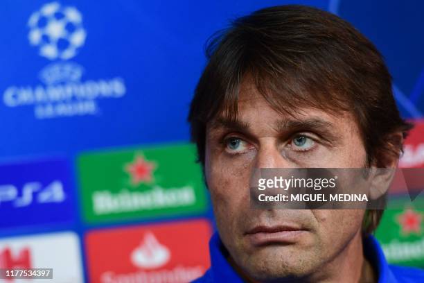 Inter Milan's Italian head coach Antonio Conte looks on during a press conference on October 22, 2019 in Appiano Gentile, on the eve of the UEFA...