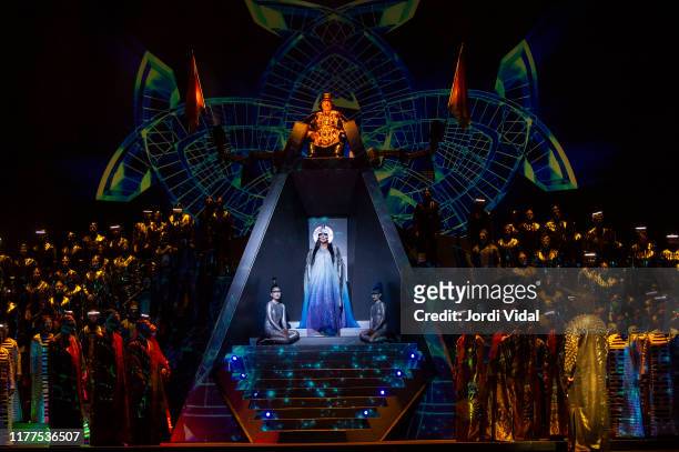 Swedish soprano Irene Theorin performs on stage during last rehearsals of Puccini's "Turandot" conducted by Josep Pons and directed by Franc Aleu at...