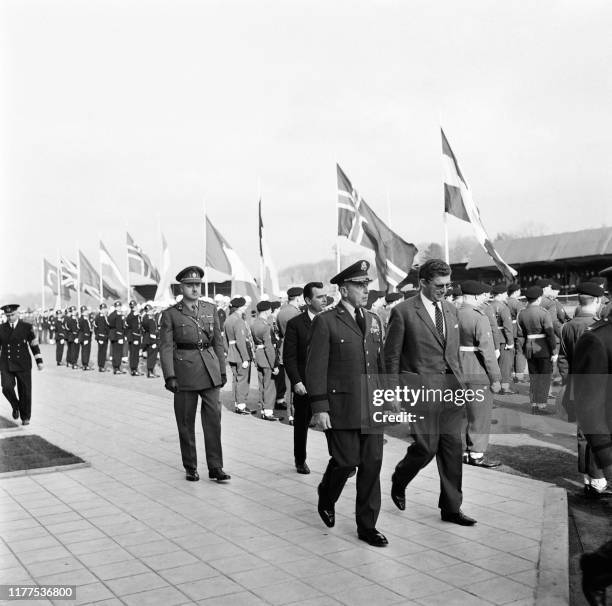 Picture taken on March 31, 1967 at Casteau showing American General Lyman Lemnitzer , the NATO Military Chief of Staff, along with Belgian Deputy...