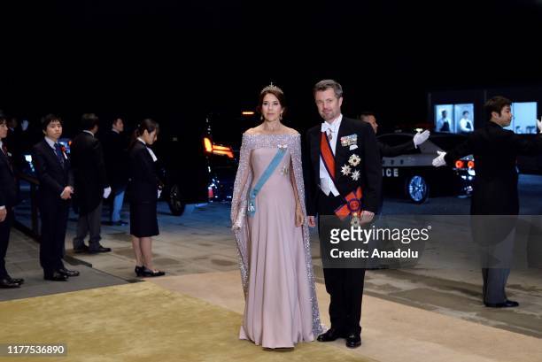 Crown Prince Frederik and Crown Princess Mary of Denmark arrive to attend the Court Banquet at the Imperial Palace on October 22, 2019 in Tokyo,...