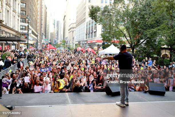 Mo' Bounce speaks onstage during iHeartRadio's Z100 Jingle Ball 2019 presented by Capital One® official Kickoff at Herald Square Plaza on September...