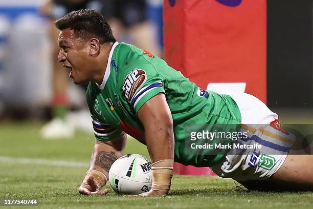 Josh Papalii of the Raiders celebrates scoring a try during the NRL Preliminary Final match between the Canberra Raiders and the South Sydney...