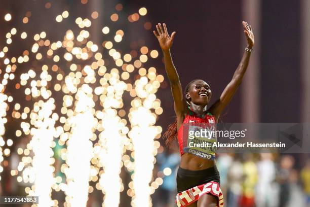 Ruth Chepngetich of Kenya celebrates winning the Women's Marathon during day one of 17th IAAF World Athletics Championships Doha 2019 at Khalifa...