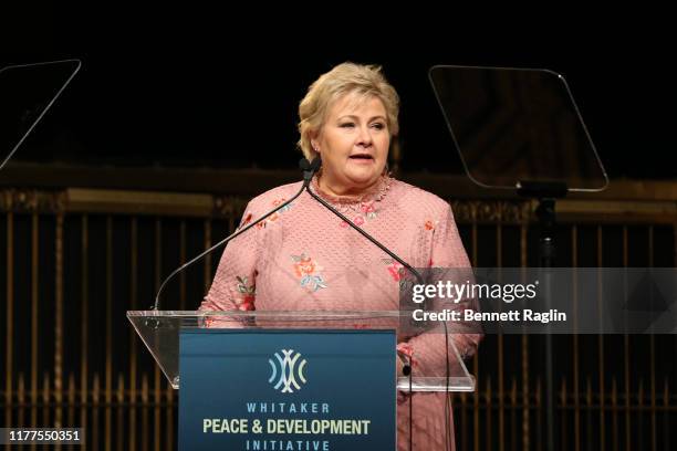 Erna Solberg speaks onstage during the Whitaker Peace & Development Initiative "Place for Peace" at Gotham Hall on September 27, 2019 in New York...