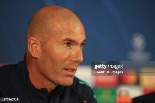 Head coach Zinedine Zidane of Real Madrid looks on during the training session and press conference of Real Madrid at Turk Telekom Arena on October...