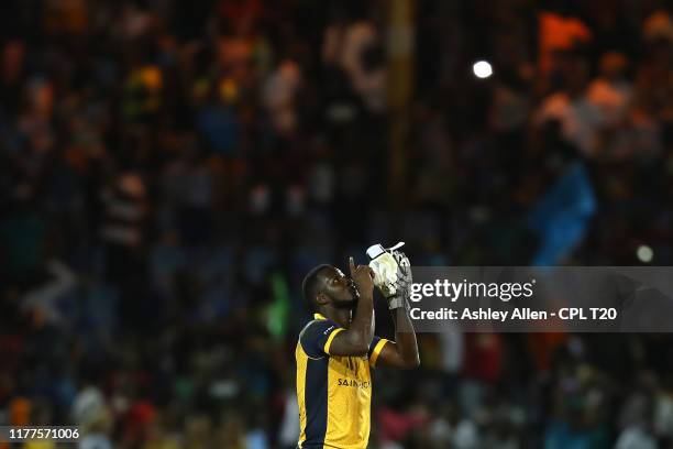 In this handout image provided by CPL T20, Daren Sammy captain of St Lucia Zouks celebrates victory during the Hero Caribbean Premier League match...