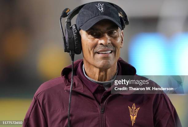 Head coach Herm Edwards of the Arizona State Sun Devils looks on from the sidelines against the California Golden Bears during the second quarter of...