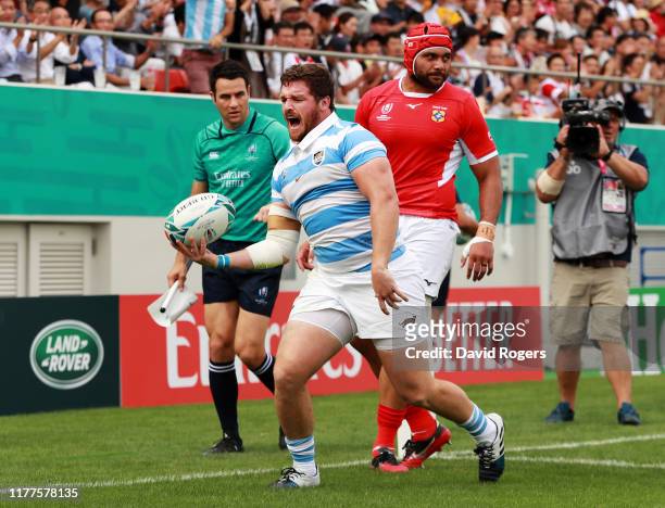 Julian Montoya of Argentina celebrates scoring his side's first try during the Rugby World Cup 2019 Group C game between Argentina and Tonga at...