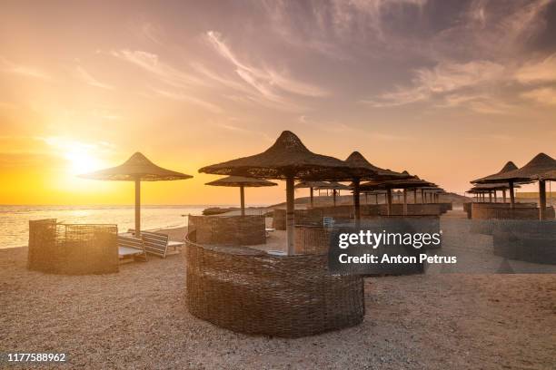 sunset on the beach with beach umbrellas and sun loungers. red sea, egypt - egypt sharm el sheikh stockfoto's en -beelden