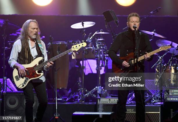 Timothy B. Schmit and Don Henley of the Eagles perform at MGM Grand Garden Arena on September 27, 2019 in Las Vegas, Nevada.