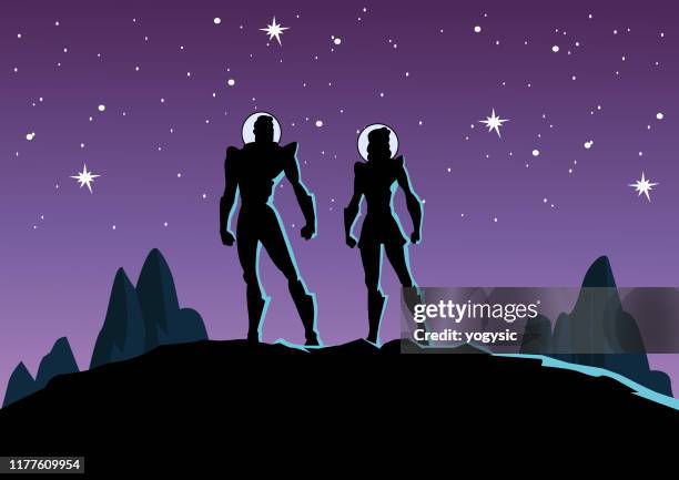 vector astronaut couple in space silhouette - explorer portrait stock illustrations