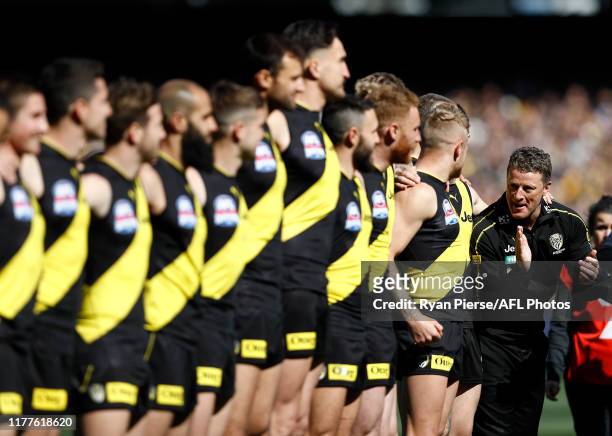 Damien Hardwick, coach of the Tigers, reacts after the national anthems during the 2019 AFL Grand Final match between the Richmond Tigers and the...