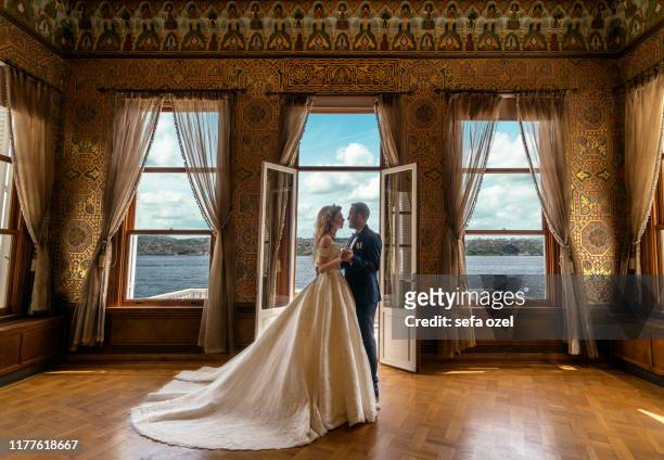 wedding ceremony dancing in the palace - istanbul seascape in the topkapi palace - europe bride stock pictures, royalty-free photos & images