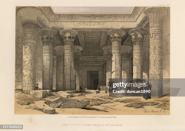 stockillustraties, clipart, cartoons en iconen met oude egyptische architectuur, grote portico van de tempel van philae, nubia - veranda