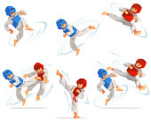 Set of taekwondo boys characters in different positions. Character set, taekwondo workout. Flat cartoon design vector illustration.