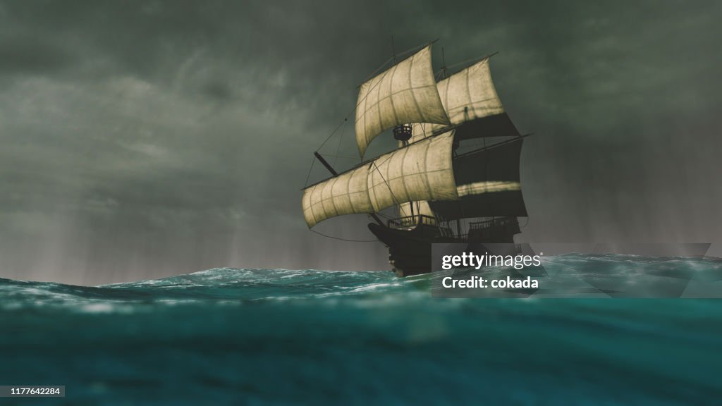 Caravel sailing the ocean during a storm