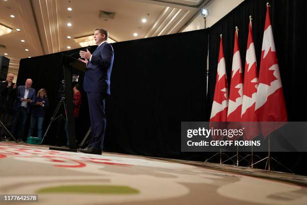 Conservative leader Andrew Scheer speaks at a press conference in Regina, Saskatchewan, October 22, 2019. - A weakened Prime Minister Justin Trudeau...