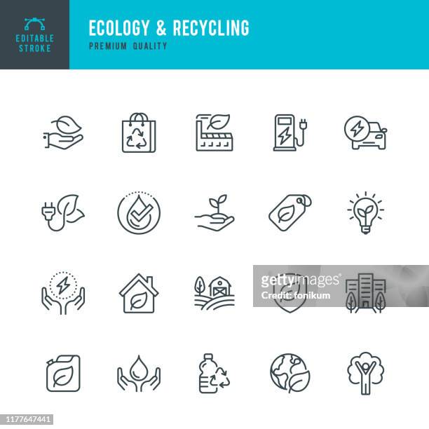 エコロジー&リサイクル - ラインベクトルアイコンのセット。編集可能なストローク。ピクセルパーフェクト。セットには、気候変動、代替エネルギー、リサイクル、グリーンテクノロジーな - 救助点のイラスト素材／クリップアート素材／マンガ素材／アイコン素材