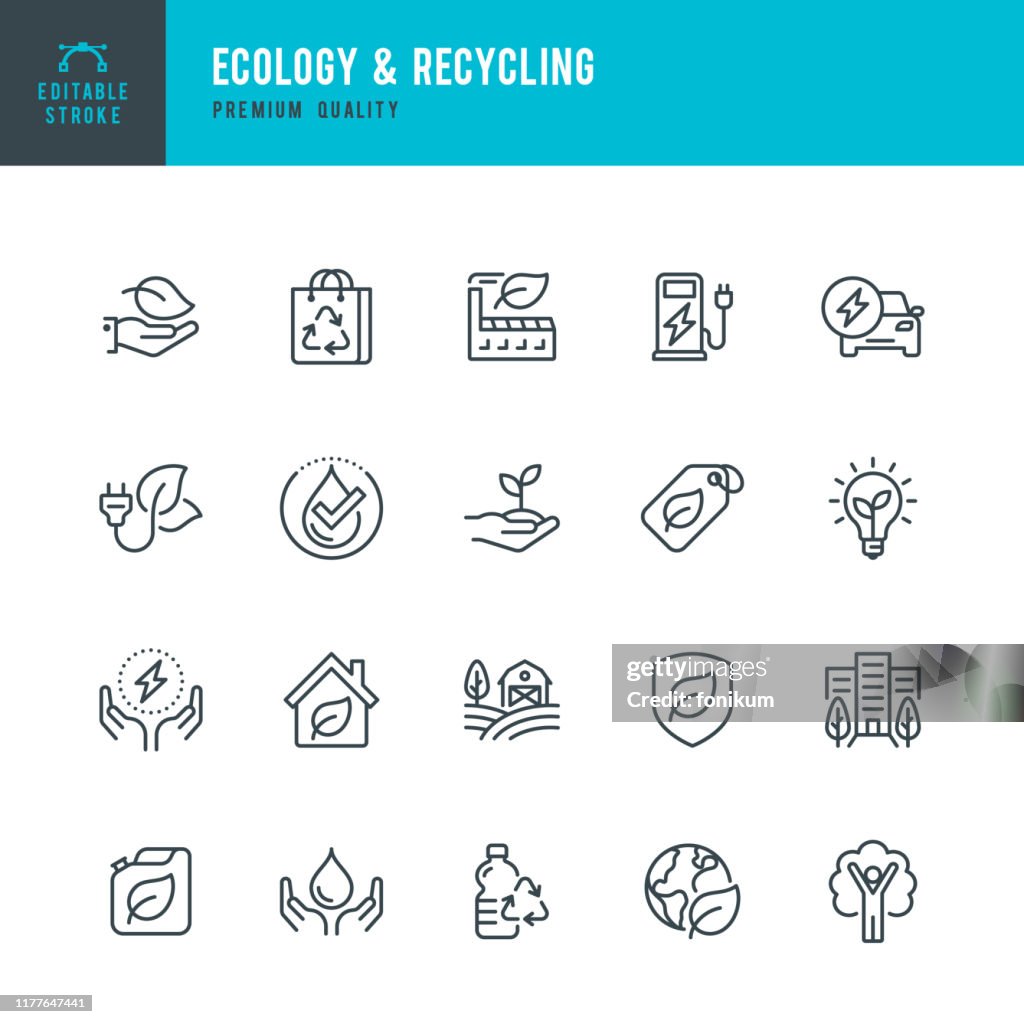 EKOLOGI & återvinning-uppsättning av linje vektor ikoner. Redigerbar stroke. Pixel perfekt. Set innehåller sådana ikoner som klimatförändringar, alternativ energi, återvinning, grön teknik.