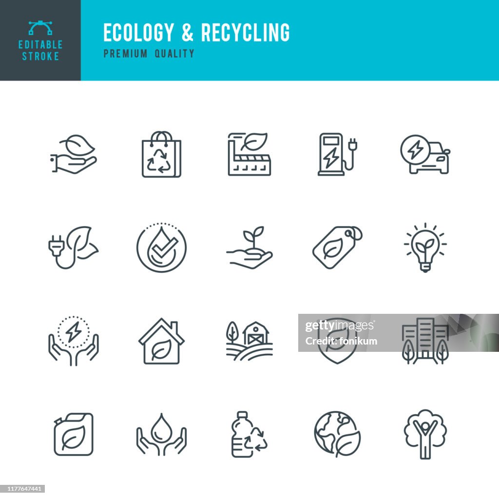 ECOLOGY & RECYCLING - set of line vector icons. Editable stroke. Pixel Perfect. Set contains such icons as Climate Change, Alternative Energy, Recycling, Green Technology.
