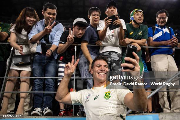 Schalk Brits of South Africa poses for a selfie following victory in the Rugby World Cup 2019 Group B game between South Africa and Namibia at City...