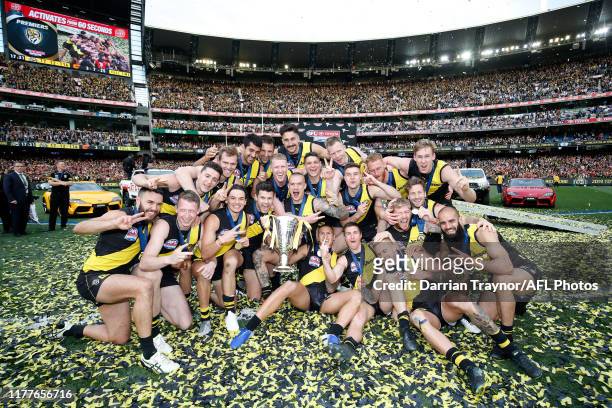 Richmond players celebrate winning the 2019 AFL Grand Final match between the Richmond Tigers and the Greater Western Sydney Giants at Melbourne...