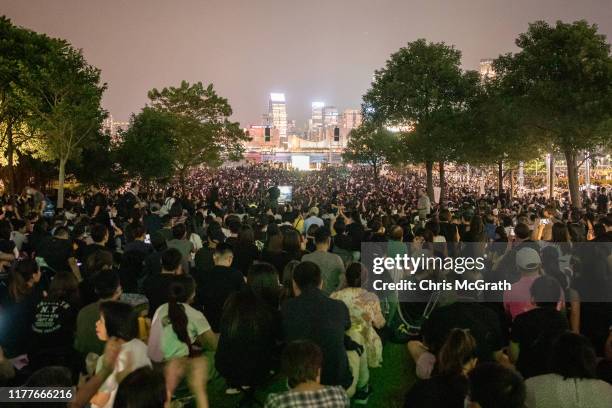 Thousands of protesters attend a rally to mark the fifth anniversary of the 2014 Umbrella Movement on September 28, 2019 in Hong Kong, China. Hong...