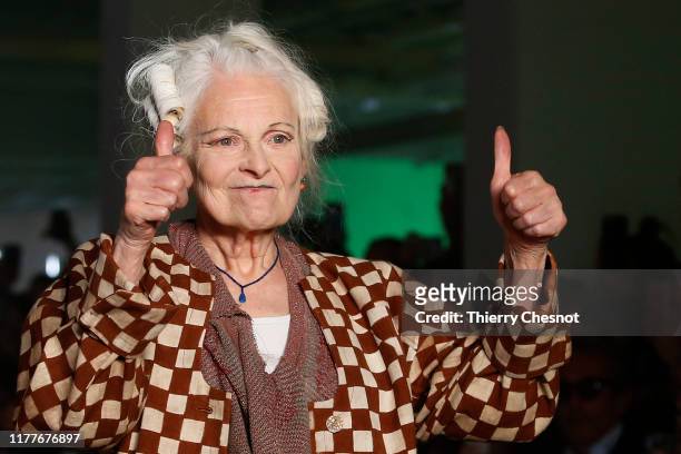 British designer Vivienne Westwood acknowledges the audience at the end of the Vivienne Westwood Womenswear Spring/Summer 2020 show as part of Paris...
