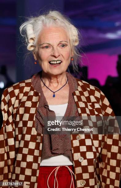 British designer Vivienne Westwood acknowledges the audience at the end of the Vivienne Westwood Womenswear Spring/Summer 2020 show as part of Paris...