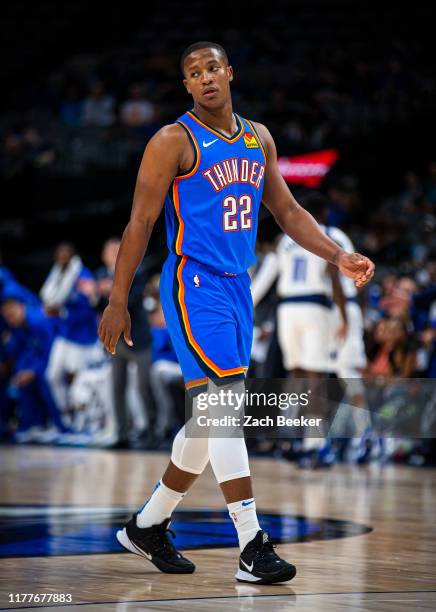 Devon Hall of the Oklahoma City Thunder looks on during a pre-season game against the Dallas Mavericks on October 14, 2019 at American Airlines...
