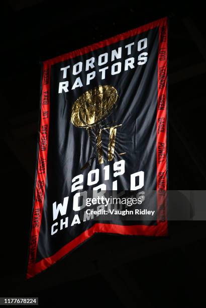 The Toronto Raptors Championship banner is revealed prior to the first half of an NBA game against New Orleans Pelicans at Scotiabank Arena on...