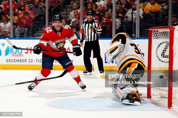 Denis Malgin of the Florida Panthers scores against Goaltender Matthew Murray of the Pittsburg Penguins at the BB&T Center on October 22, 2019 in...