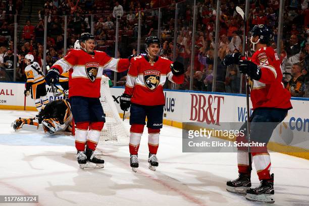 Denis Malgin of the Florida Panthers celebrates his goal with teammates Jonathan Huberdeau and Evgeni Dadonov during the second period against the...