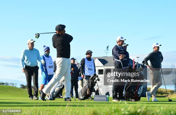 Vinnie Jones tees off on the 18th hole during Day three of the Alfred Dunhill Links Championship at The Old Course on September 28, 2019 in St...