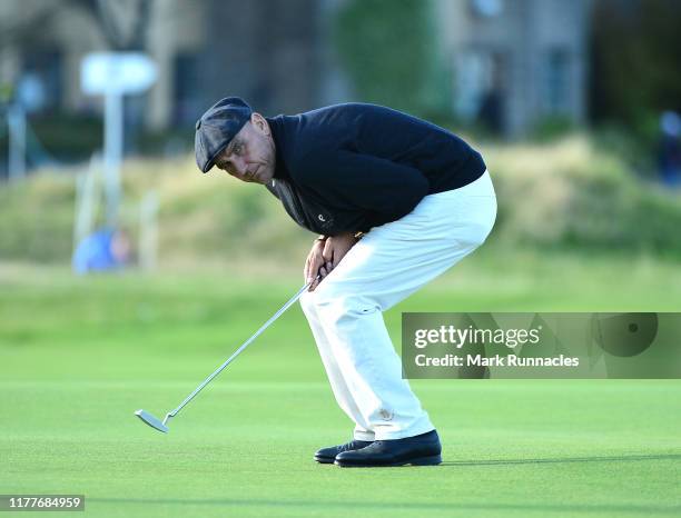 Vinnie Jones reacts to a putt during Day three of the Alfred Dunhill Links Championship at The Old Course on September 28, 2019 in St Andrews, United...