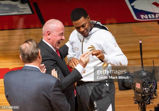 Larry Tannenbaum, Governor of the NBA for the Toronto Raptors hands the 2019 Toronto Raptors Championship Ring to Kyle Lowry of the Toronto Raptors...
