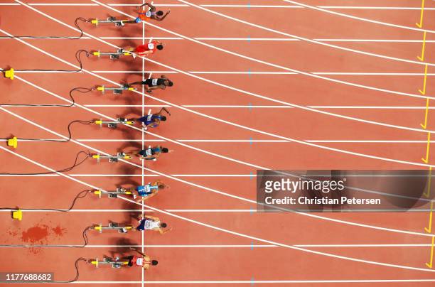 General view of the start for the Men's 100 metres Heat 1 semi finals during day two of 17th IAAF World Athletics Championships Doha 2019 at Khalifa...