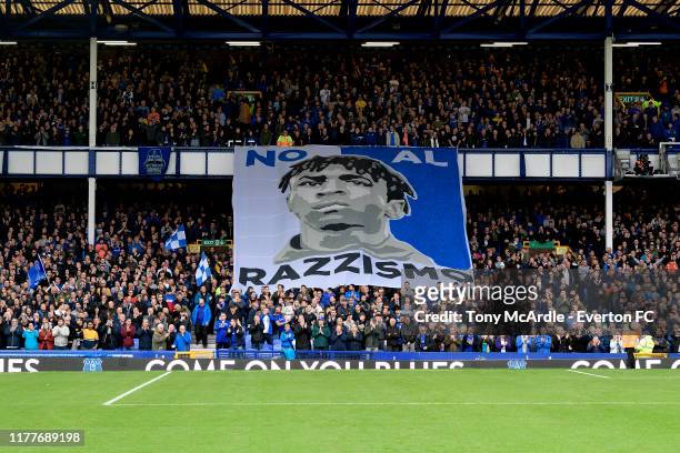 An anti racism banner is unfurled in the Glwadys Street Stand before for the Premier League match between Everton and Manchester City at Goodison...