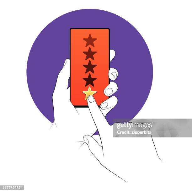 ilustrações, clipart, desenhos animados e ícones de dando uma classificação de uma estrela - a usar um telefone