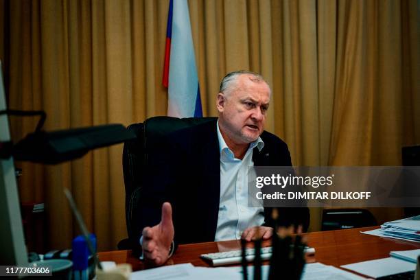 Russia's anti-doping agency director general Yury Ganus gestures during an interview with AFP in Moscow on October 22, 2019.