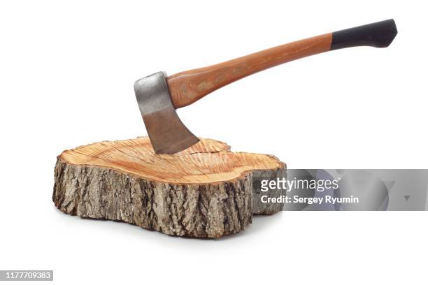axe sticks out in cross section of a tree trunk on a white background - axe stock pictures, royalty-free photos & images