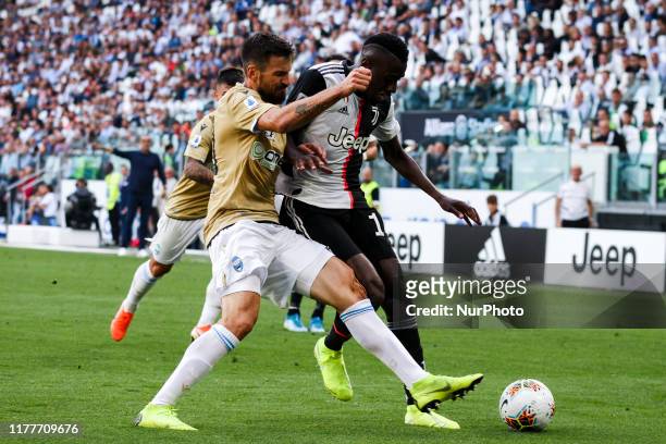 Spal defender Nenad Tomovic tackles Juventus midfielder Blaise Matuidi during the Serie A football match n.6 JUVENTUS - SPAL on September 28, 2019 at...