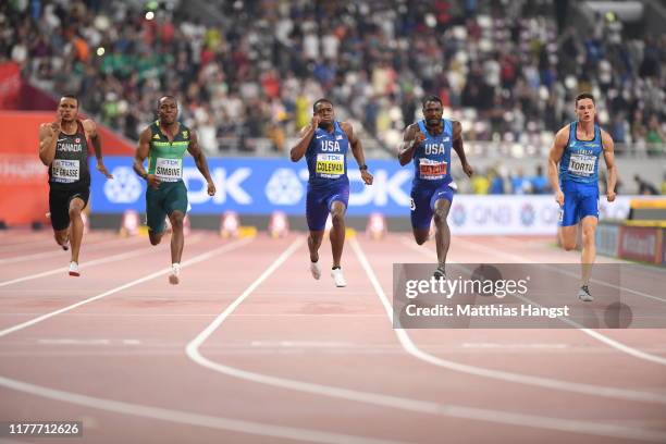 Christian Coleman of the United States crosses the finishline to win the Men's 100 Metres final during day two of 17th IAAF World Athletics...