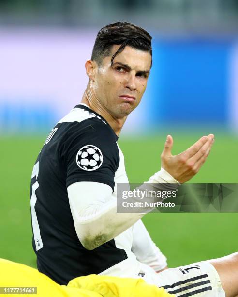 The perplexed expression of Cristiano Ronaldo of Juventus after a tackle with Guilherme of Lokomotiv Moskva during the UEFA Champions League Group...