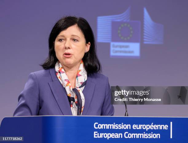 European Commissioner for Justice, Consumers and Gender Equality Vera Jourova talks to media about the report on the third annual review of the...