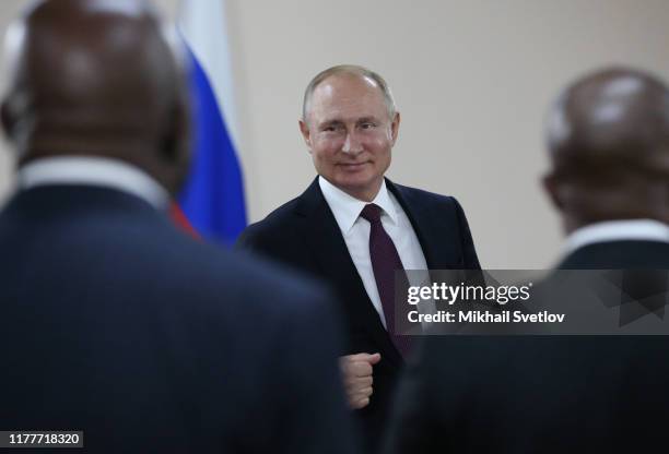 Russian President Vladimir Putin talks during his bilateral talks with President of Namibia Hage Greingob at sideline of Russia-Africa Summit on...