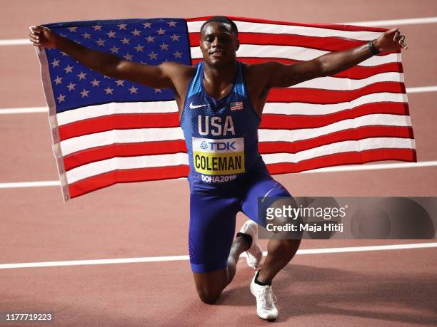Christian Coleman of the United States celebrates winning gold in the Men's 100 Metres final during day two of 17th IAAF World Athletics...