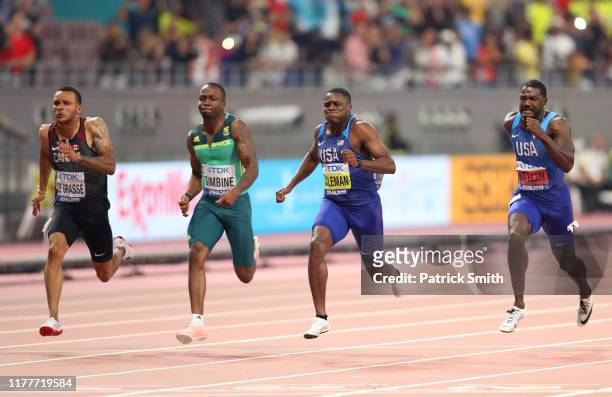 Justin Gatlin of the United States, Christian Coleman of the United States, Akani Simbine of South Africa, and Andre De Grasse of Canada compete in...