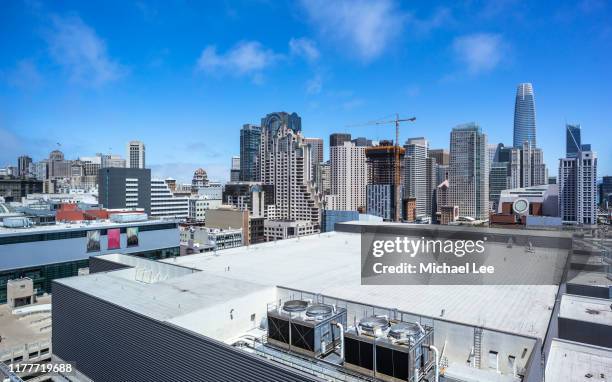 high angle san francisco skyline view from south of market - nob hill stock pictures, royalty-free photos & images