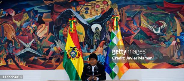 President of Bolivia and Presidential candidate for MAS Evo Morales speaks during a press conference on October 23, 2019 in La Paz, Bolivia....